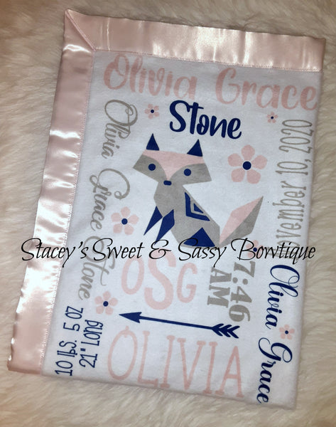 Pink Gray Navy Fox Theme Baby Blanket
