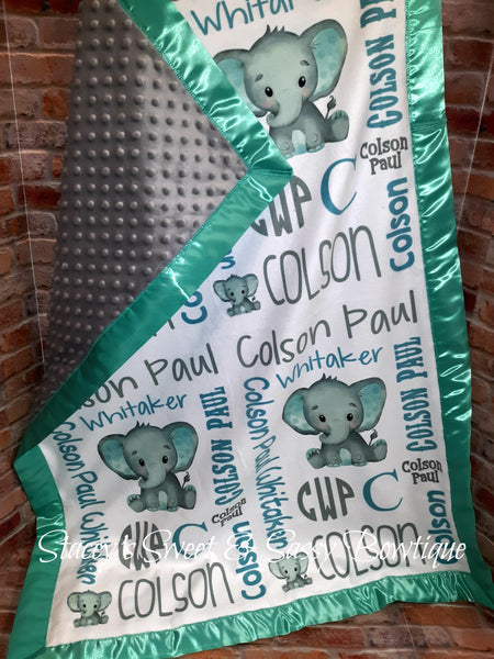 Teal Elephant Theme Baby Blanket with add ons