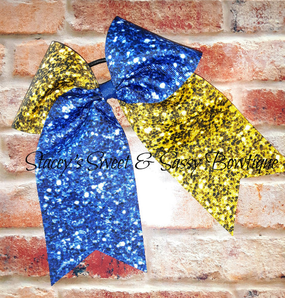 Blue Yellow Faux Glitter Printed Cheer Bow