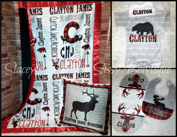 Buffalo Plaid Deer Theme Baby Blanket Set