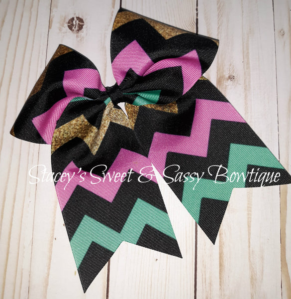Pink Teal Gold Chevron Printed Cheer Bow