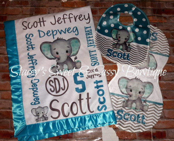 Turquoise Elephant Theme Baby Blanket with add ons