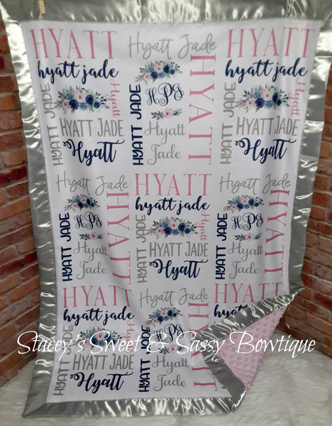 Pink Gray navy Floral Theme Baby Blanket