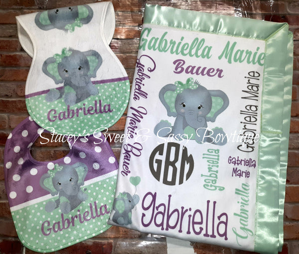 Mint Green & Lilac Elephant Theme Blanket & add ons