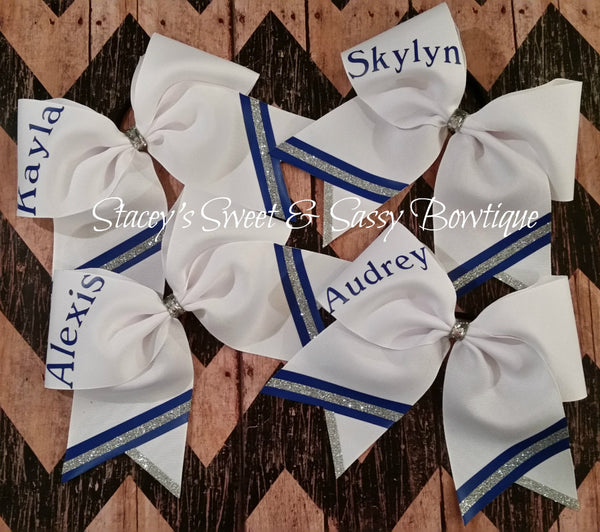 Blue Silver Cheer Bow w/ Name