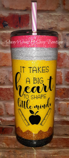 It Takes A Big Heart To Teach Little Minds Tumbler, Crayon Teacher